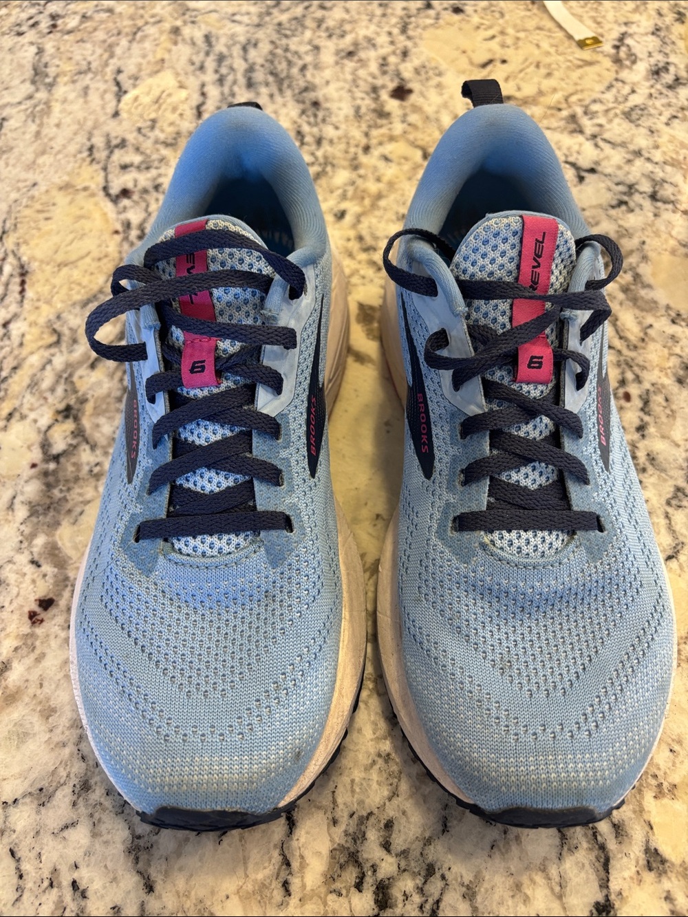 Brooks Revel 6. No insoles. Light Blue Running Shoes with Navy & Pink Accents